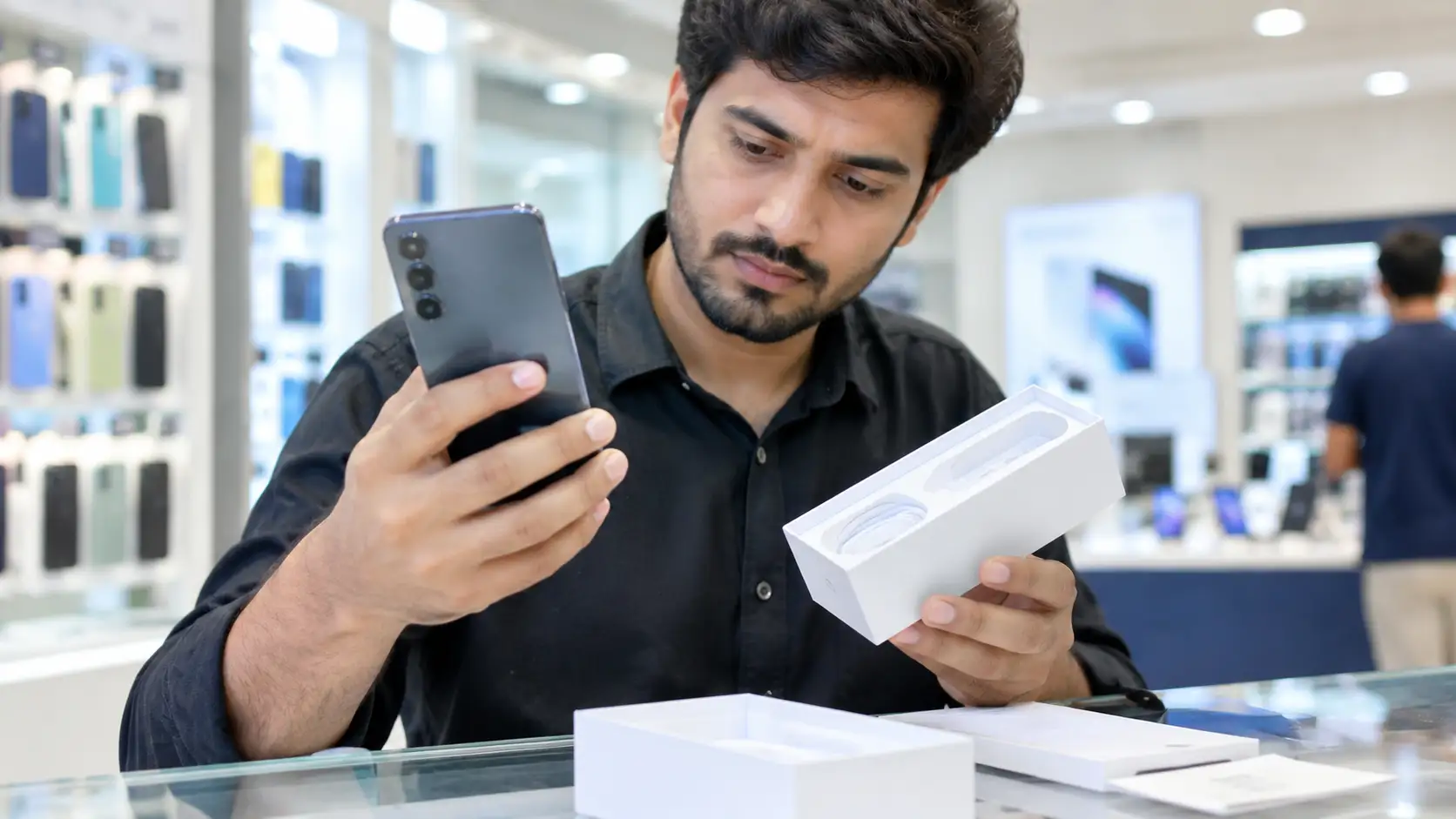 Buyer inspecting a smartphone and its box to spot a fake or refurbished device